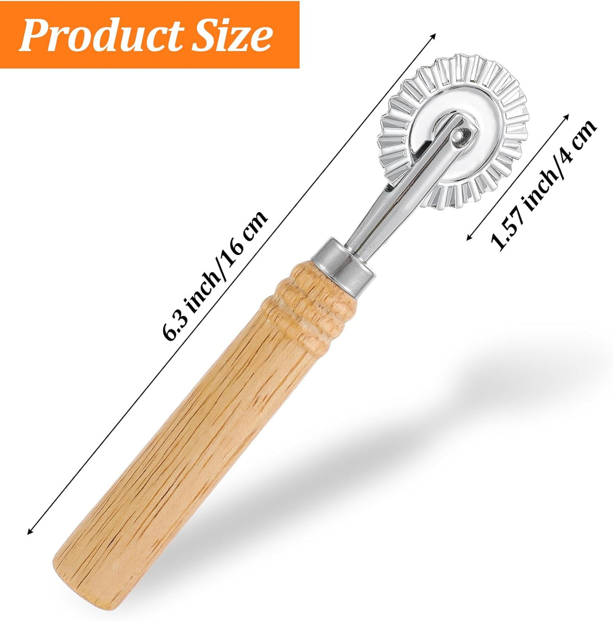 Fluted Pastry Cutter, 6.3 Inch Stainless Steel Fluted Pastry Wheel with Ergonomic Oak Wooden Handle for Ravioli, Pasta, Dumpling, Noodles, Kitchen 360 Degree Effortless Food Cutting