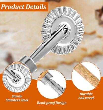 Fluted Pastry Cutter, 6.3 Inch Stainless Steel Fluted Pastry Wheel with Ergonomic Oak Wooden Handle for Ravioli, Pasta, Dumpling, Noodles, Kitchen 360 Degree Effortless Food Cutting