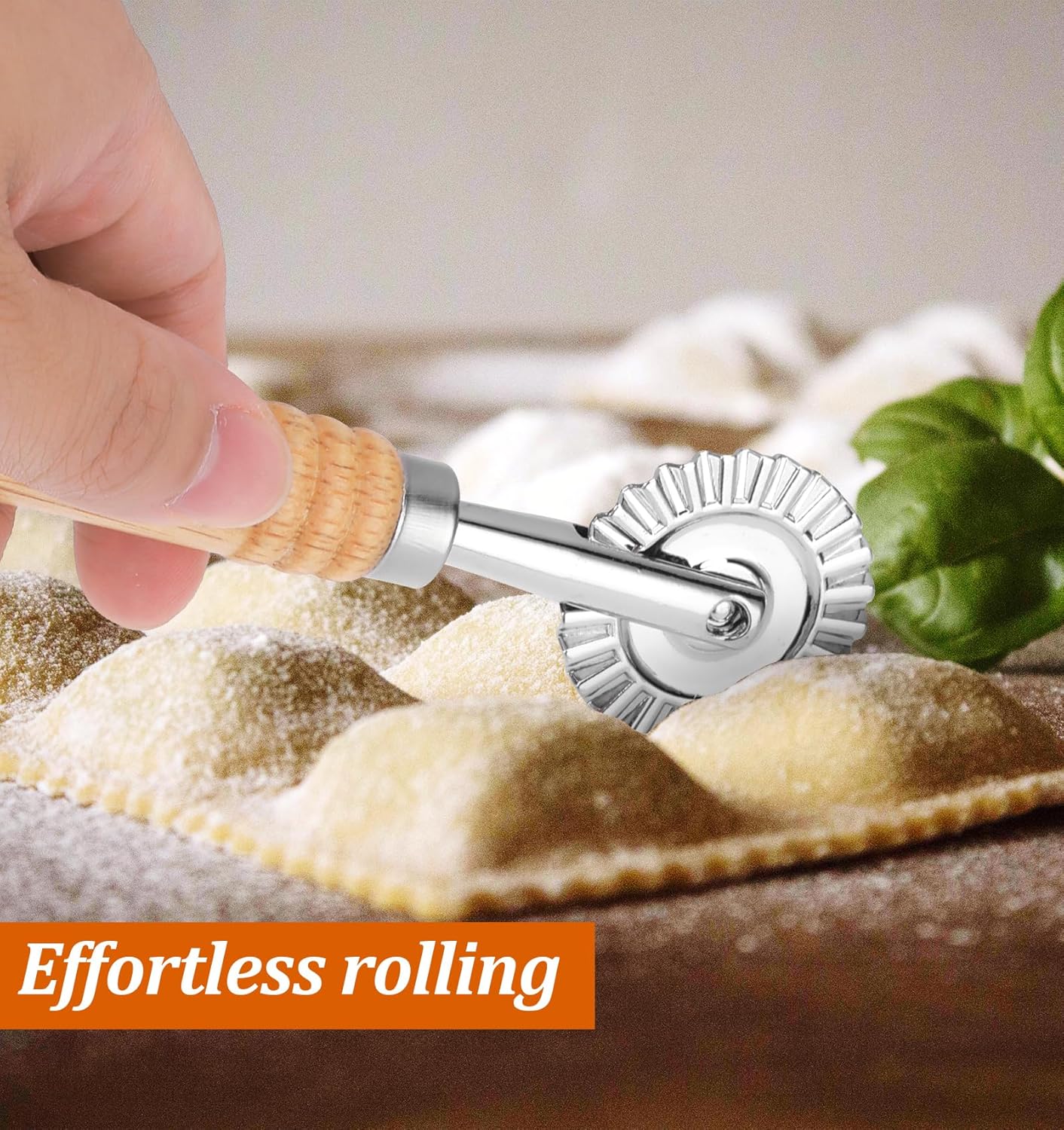 Fluted Pastry Cutter, 6.3 Inch Stainless Steel Fluted Pastry Wheel with Ergonomic Oak Wooden Handle for Ravioli, Pasta, Dumpling, Noodles, Kitchen 360 Degree Effortless Food Cutting