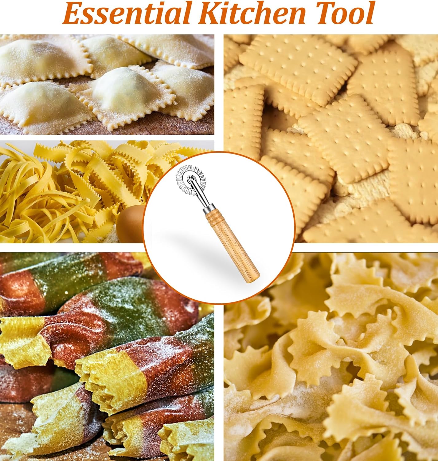 Fluted Pastry Cutter, 6.3 Inch Stainless Steel Fluted Pastry Wheel with Ergonomic Oak Wooden Handle for Ravioli, Pasta, Dumpling, Noodles, Kitchen 360 Degree Effortless Food Cutting