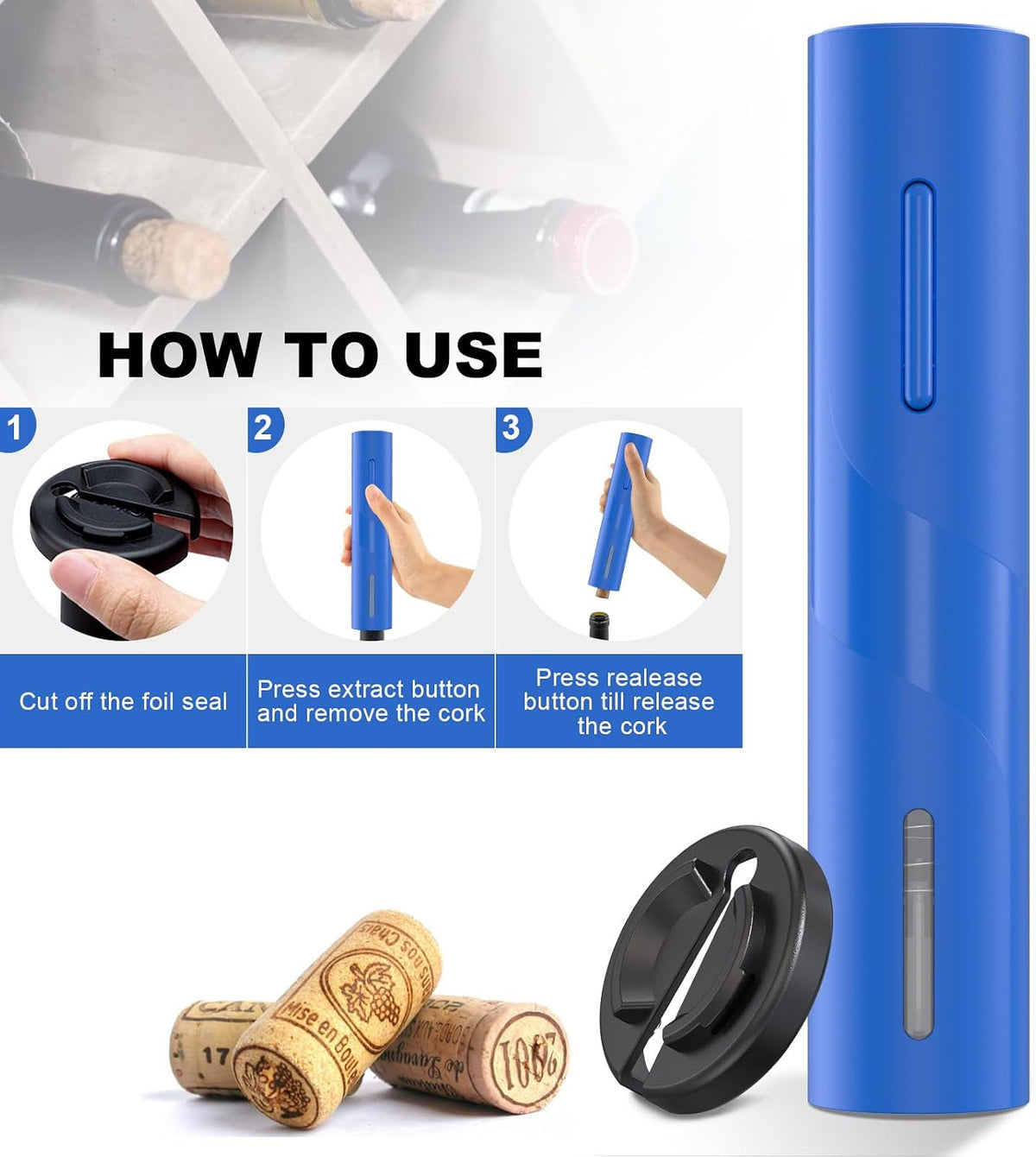 Electric Wine Bottle Opener with Foil Cutter, Automatic Corkscrew
