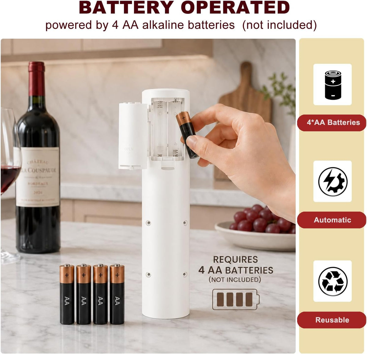 Electric Wine Bottle Opener with Foil Cutter, Automatic Corkscrew