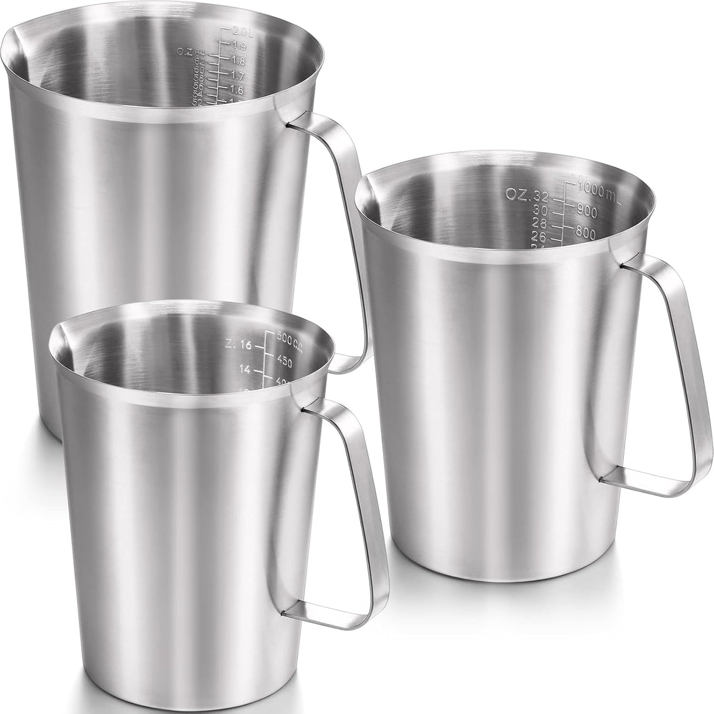 3 Pcs Stainless Steel Measuring Cups Measuring Pitcher with Handle with Markings for Latte Art, Water Pouring 2/4/8 Cup (16/32/64 oz)