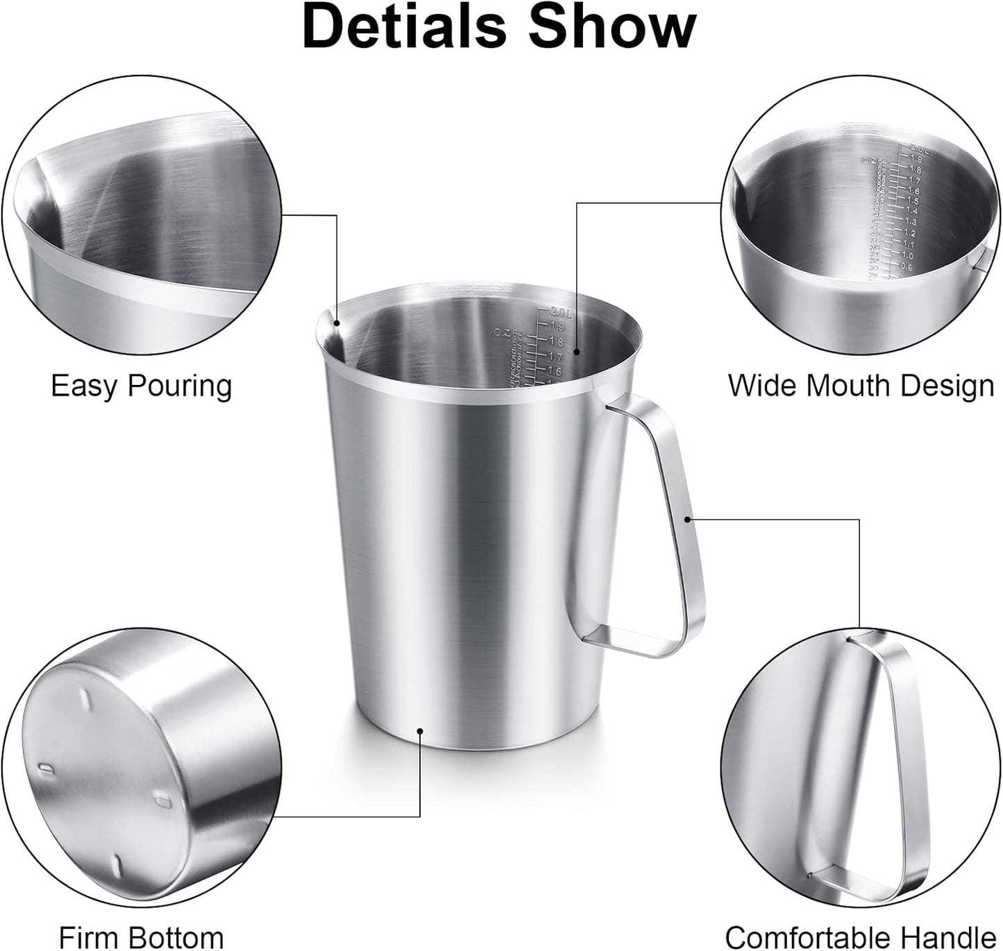 3 Pcs Stainless Steel Measuring Cups Measuring Pitcher with Handle with Markings for Latte Art, Water Pouring 2/4/8 Cup (16/32/64 oz)