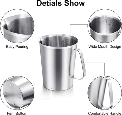 3 Pcs Stainless Steel Measuring Cups Measuring Pitcher with Handle with Markings for Latte Art, Water Pouring 2/4/8 Cup (16/32/64 oz)