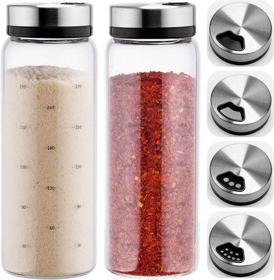 2-Pack Spice Shakers with Adjustable Stainless-Steel Lids for Parmesan Cheese, Chili Flakes, Herbs, Salt, Pepper, 10oz Borosilicate Glass Seasoning Dispensers, Easy Refill and Dishwasher Safe