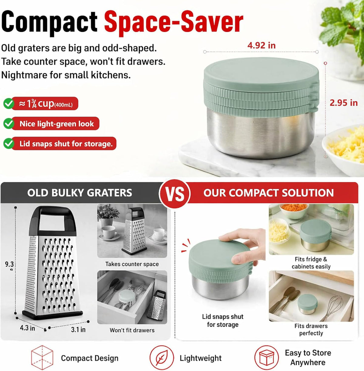 Box Cheese Grater with Container for Kitchen (Light Green)