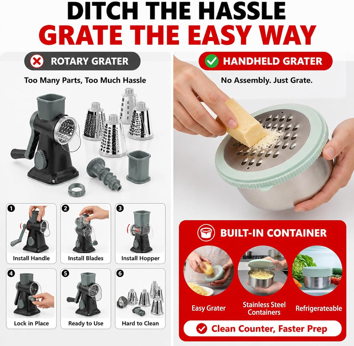 Box Cheese Grater with Container for Kitchen (Light Green)