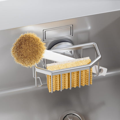 Sponge Holder for Kitchen Sink with Strong Suction Cup Removable, Rustproof Aluminum Sink Caddy for Sponge, Brush, Scrubber, Scraper -Silver