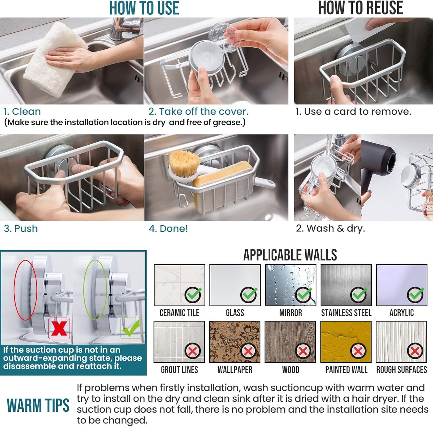 Sponge Holder for Kitchen Sink with Strong Suction Cup Removable, Rustproof Aluminum Sink Caddy for Sponge, Brush, Scrubber, Scraper -Silver
