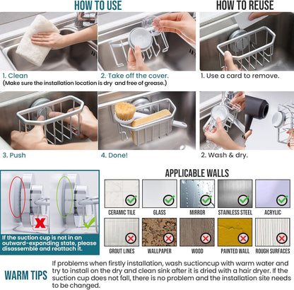 Sponge Holder for Kitchen Sink with Strong Suction Cup Removable, Rustproof Aluminum Sink Caddy for Sponge, Brush, Scrubber, Scraper -Silver