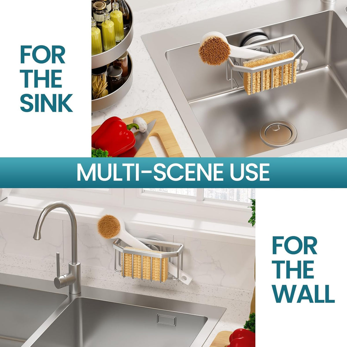 Sponge Holder for Kitchen Sink with Strong Suction Cup Removable, Rustproof Aluminum Sink Caddy for Sponge, Brush, Scrubber, Scraper -Silver
