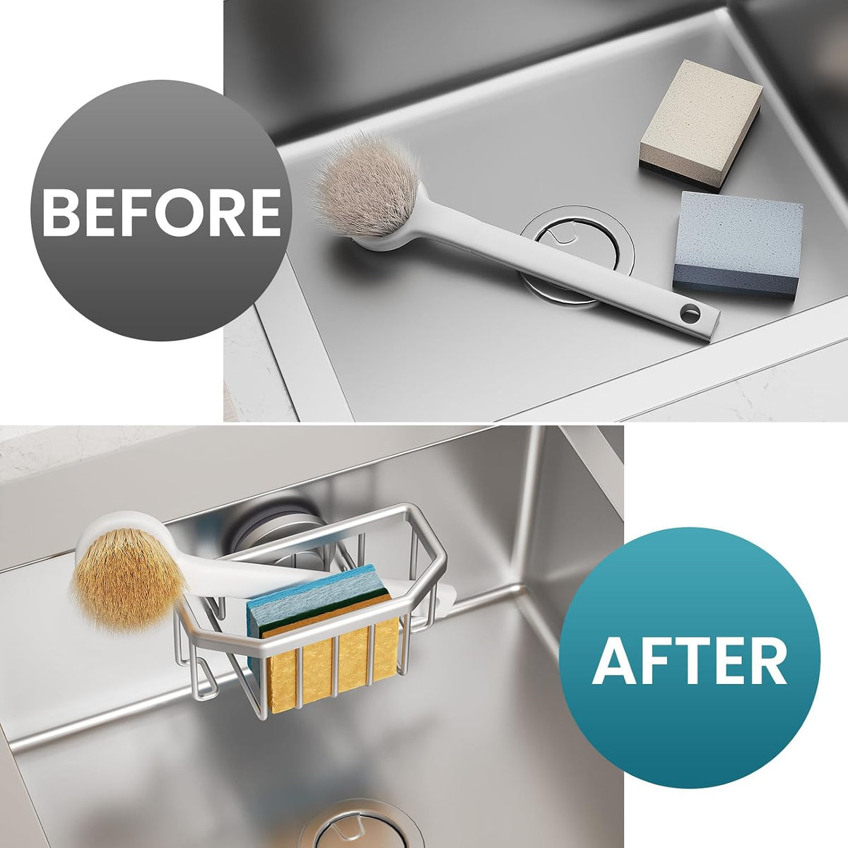 Sponge Holder for Kitchen Sink with Strong Suction Cup Removable, Rustproof Aluminum Sink Caddy for Sponge, Brush, Scrubber, Scraper -Silver
