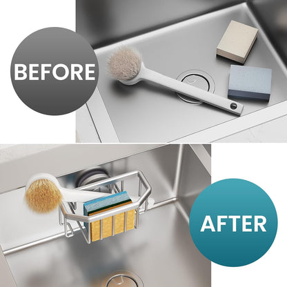 Sponge Holder for Kitchen Sink with Strong Suction Cup Removable, Rustproof Aluminum Sink Caddy for Sponge, Brush, Scrubber, Scraper -Silver