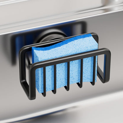Sponge Holder for Kitchen Sink with Strong Suction Cup Removable, Rustproof Aluminum Sink Caddy for Sponge, Brush, Scrubber, Scraper -Silver