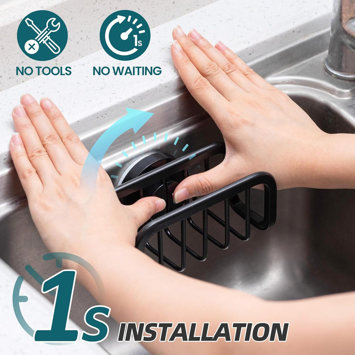 Sponge Holder for Kitchen Sink with Strong Suction Cup Removable, Rustproof Aluminum Sink Caddy for Sponge, Brush, Scrubber, Scraper -Silver