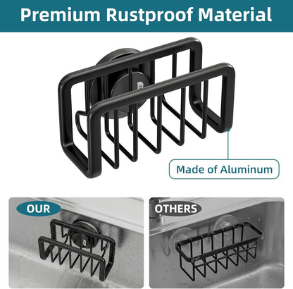 Sponge Holder for Kitchen Sink with Strong Suction Cup Removable, Rustproof Aluminum Sink Caddy for Sponge, Brush, Scrubber, Scraper -Silver