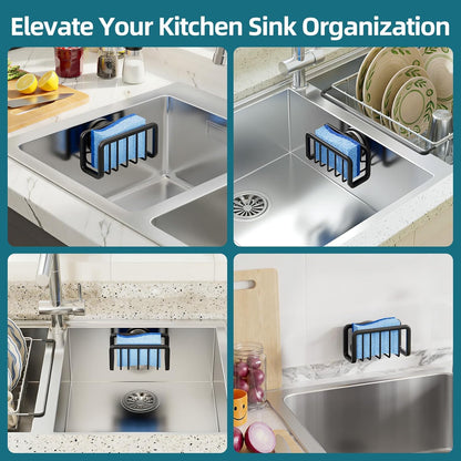 Sponge Holder for Kitchen Sink with Strong Suction Cup Removable, Rustproof Aluminum Sink Caddy for Sponge, Brush, Scrubber, Scraper -Silver