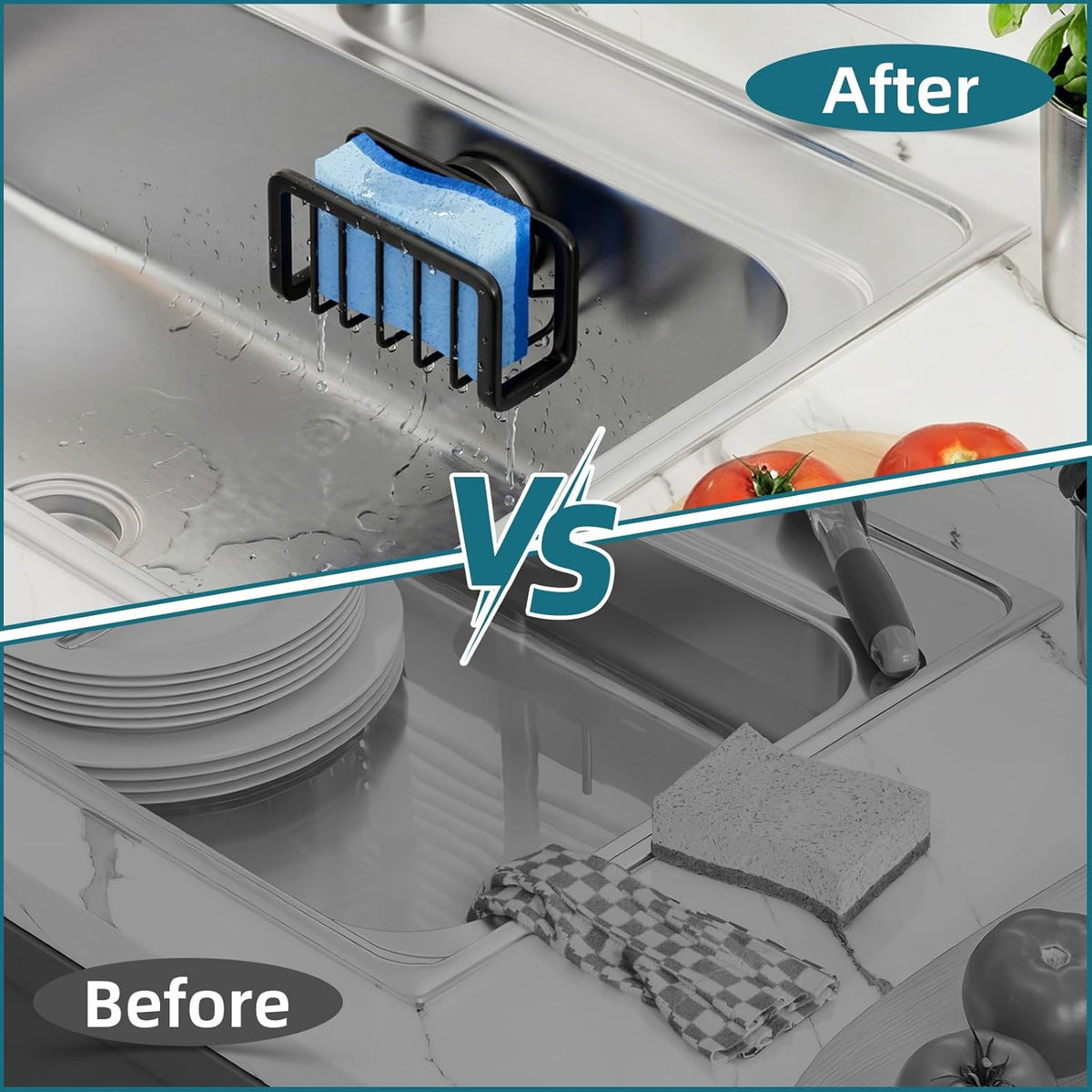 Sponge Holder for Kitchen Sink with Strong Suction Cup Removable, Rustproof Aluminum Sink Caddy for Sponge, Brush, Scrubber, Scraper -Silver