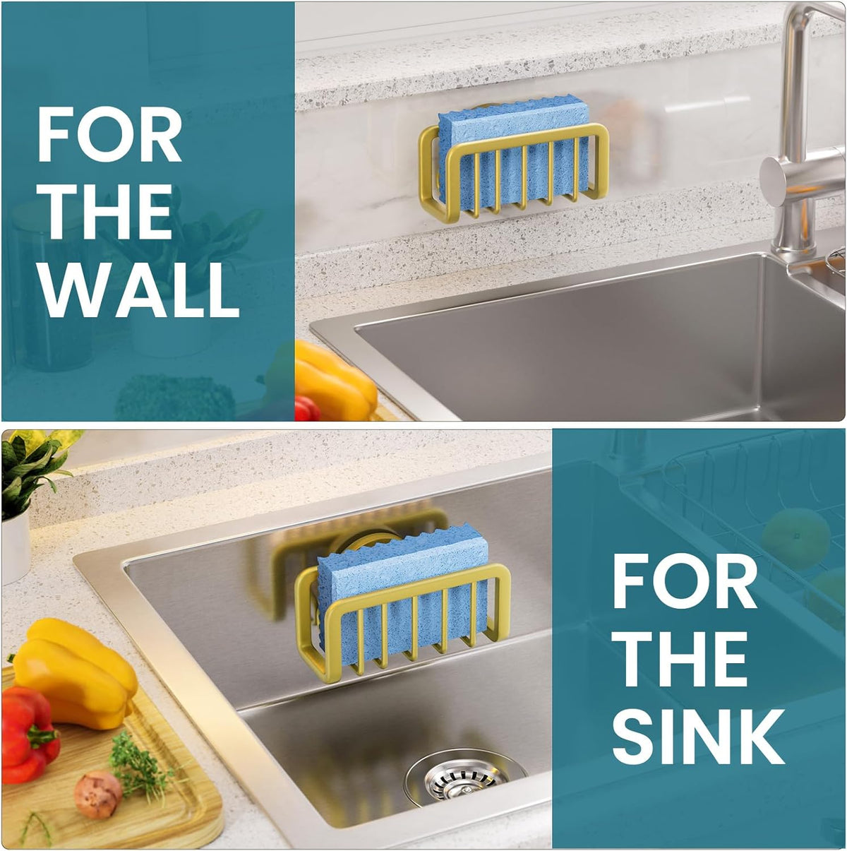 Sponge Holder for Kitchen Sink with Strong Suction Cup Removable, Rustproof Aluminum Sink Caddy for Sponge, Brush, Scrubber, Scraper -Silver