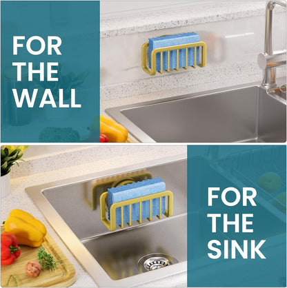 Sponge Holder for Kitchen Sink with Strong Suction Cup Removable, Rustproof Aluminum Sink Caddy for Sponge, Brush, Scrubber, Scraper -Silver