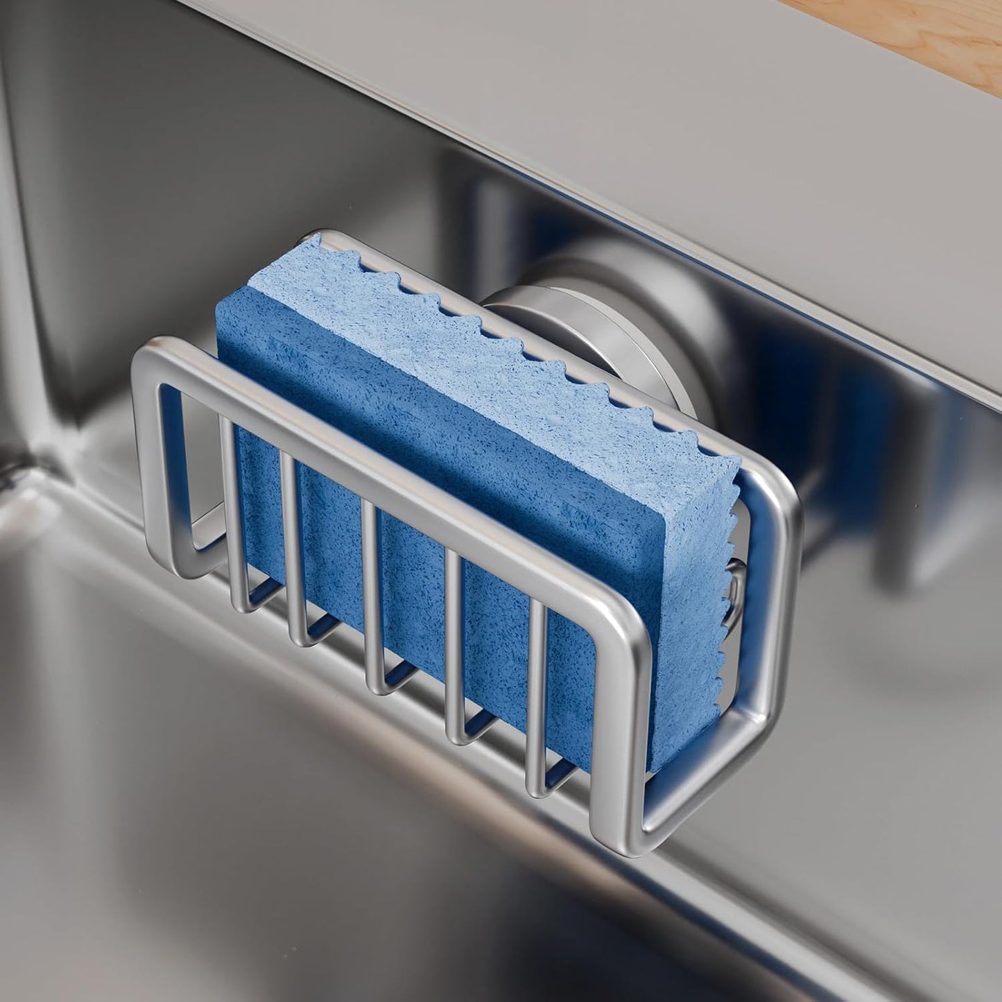 Sponge Holder for Kitchen Sink with Strong Suction Cup Removable, Rustproof Aluminum Sink Caddy for Sponge, Brush, Scrubber, Scraper -Silver