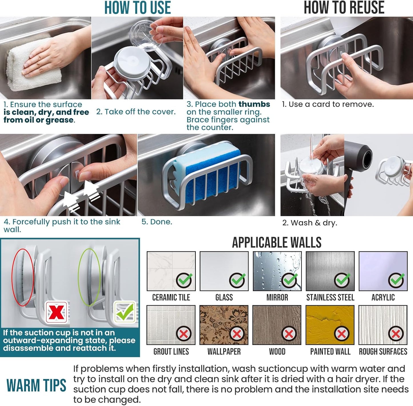 Sponge Holder for Kitchen Sink with Strong Suction Cup Removable, Rustproof Aluminum Sink Caddy for Sponge, Brush, Scrubber, Scraper -Silver