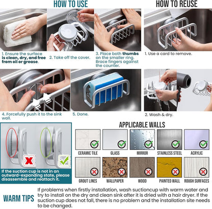 Sponge Holder for Kitchen Sink with Strong Suction Cup Removable, Rustproof Aluminum Sink Caddy for Sponge, Brush, Scrubber, Scraper -Silver