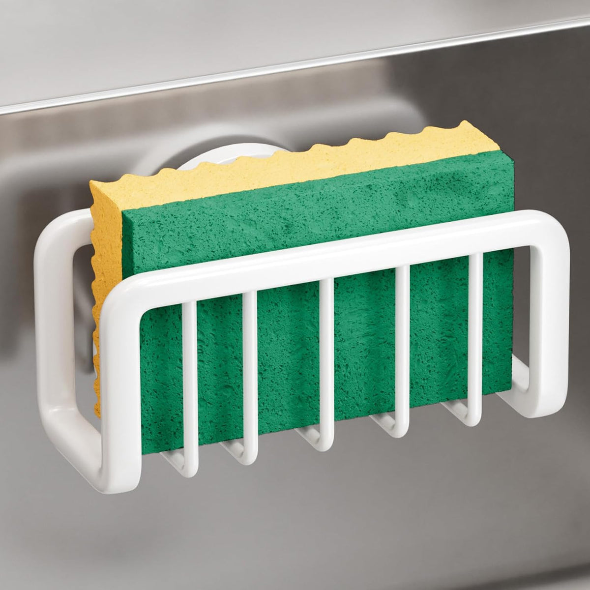 Sponge Holder for Kitchen Sink with Strong Suction Cup Removable, Rustproof Aluminum Sink Caddy for Sponge, Brush, Scrubber, Scraper -Silver