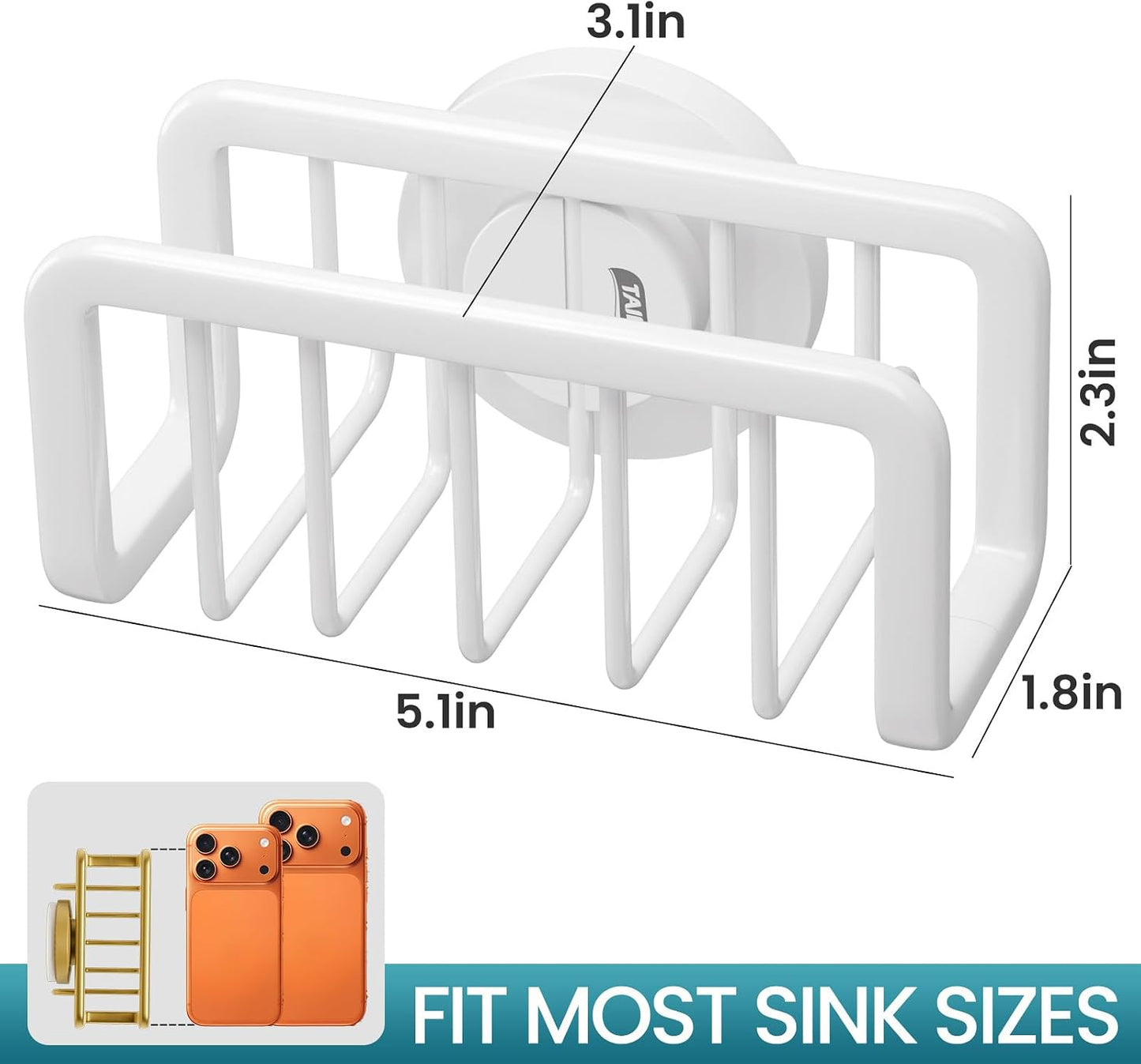 Sponge Holder for Kitchen Sink with Strong Suction Cup Removable, Rustproof Aluminum Sink Caddy for Sponge, Brush, Scrubber, Scraper -Silver