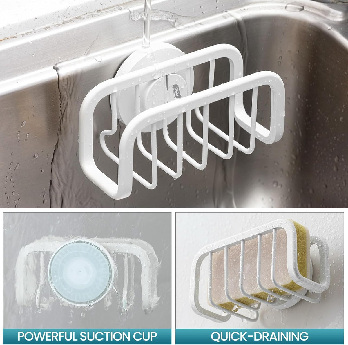 Sponge Holder for Kitchen Sink with Strong Suction Cup Removable, Rustproof Aluminum Sink Caddy for Sponge, Brush, Scrubber, Scraper -Silver