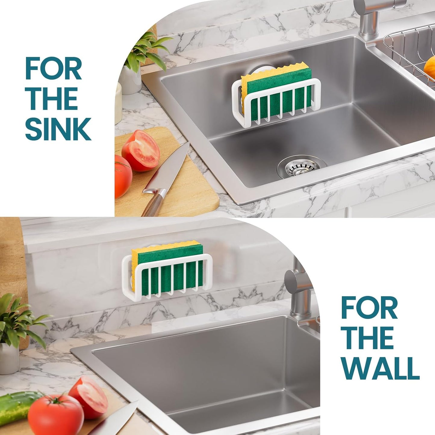 Sponge Holder for Kitchen Sink with Strong Suction Cup Removable, Rustproof Aluminum Sink Caddy for Sponge, Brush, Scrubber, Scraper -Silver