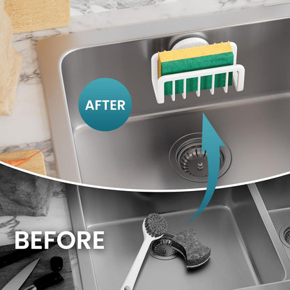 Sponge Holder for Kitchen Sink with Strong Suction Cup Removable, Rustproof Aluminum Sink Caddy for Sponge, Brush, Scrubber, Scraper -Silver