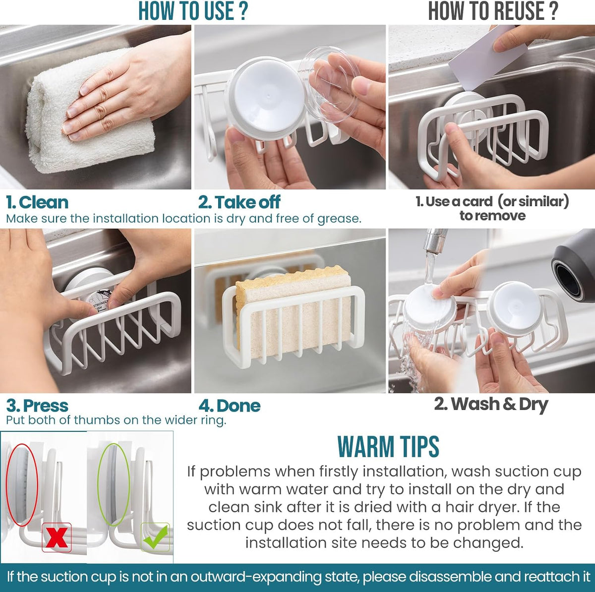 Sponge Holder for Kitchen Sink with Strong Suction Cup Removable, Rustproof Aluminum Sink Caddy for Sponge, Brush, Scrubber, Scraper -Silver