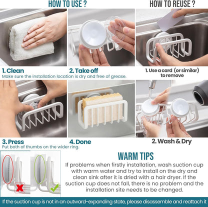 Sponge Holder for Kitchen Sink with Strong Suction Cup Removable, Rustproof Aluminum Sink Caddy for Sponge, Brush, Scrubber, Scraper -Silver
