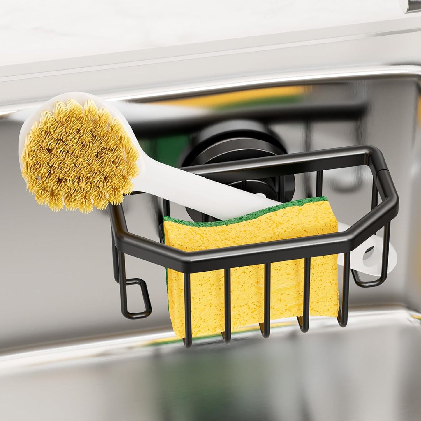 Sponge Holder for Kitchen Sink with Strong Suction Cup Removable, Rustproof Aluminum Sink Caddy for Sponge, Brush, Scrubber, Scraper -Silver