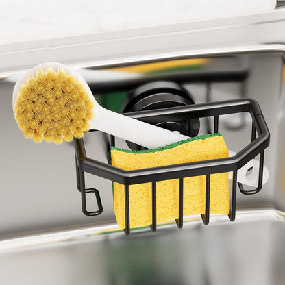 Sponge Holder for Kitchen Sink with Strong Suction Cup Removable, Rustproof Aluminum Sink Caddy for Sponge, Brush, Scrubber, Scraper -Silver