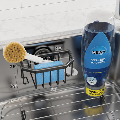 Sponge Holder for Kitchen Sink with Strong Suction Cup Removable, Rustproof Aluminum Sink Caddy for Sponge, Brush, Scrubber, Scraper -Silver