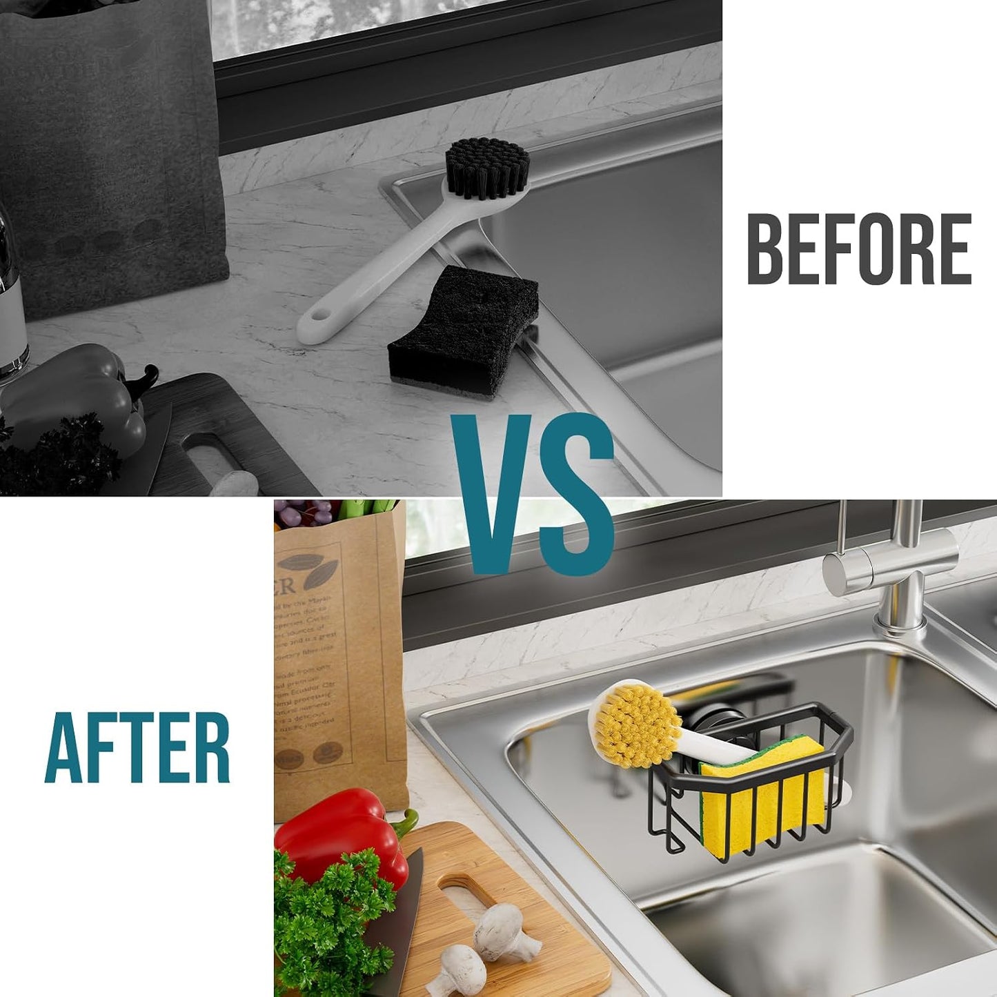 Sponge Holder for Kitchen Sink with Strong Suction Cup Removable, Rustproof Aluminum Sink Caddy for Sponge, Brush, Scrubber, Scraper -Silver
