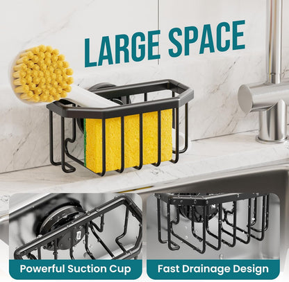 Sponge Holder for Kitchen Sink with Strong Suction Cup Removable, Rustproof Aluminum Sink Caddy for Sponge, Brush, Scrubber, Scraper -Silver