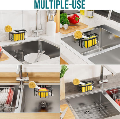 Sponge Holder for Kitchen Sink with Strong Suction Cup Removable, Rustproof Aluminum Sink Caddy for Sponge, Brush, Scrubber, Scraper -Silver
