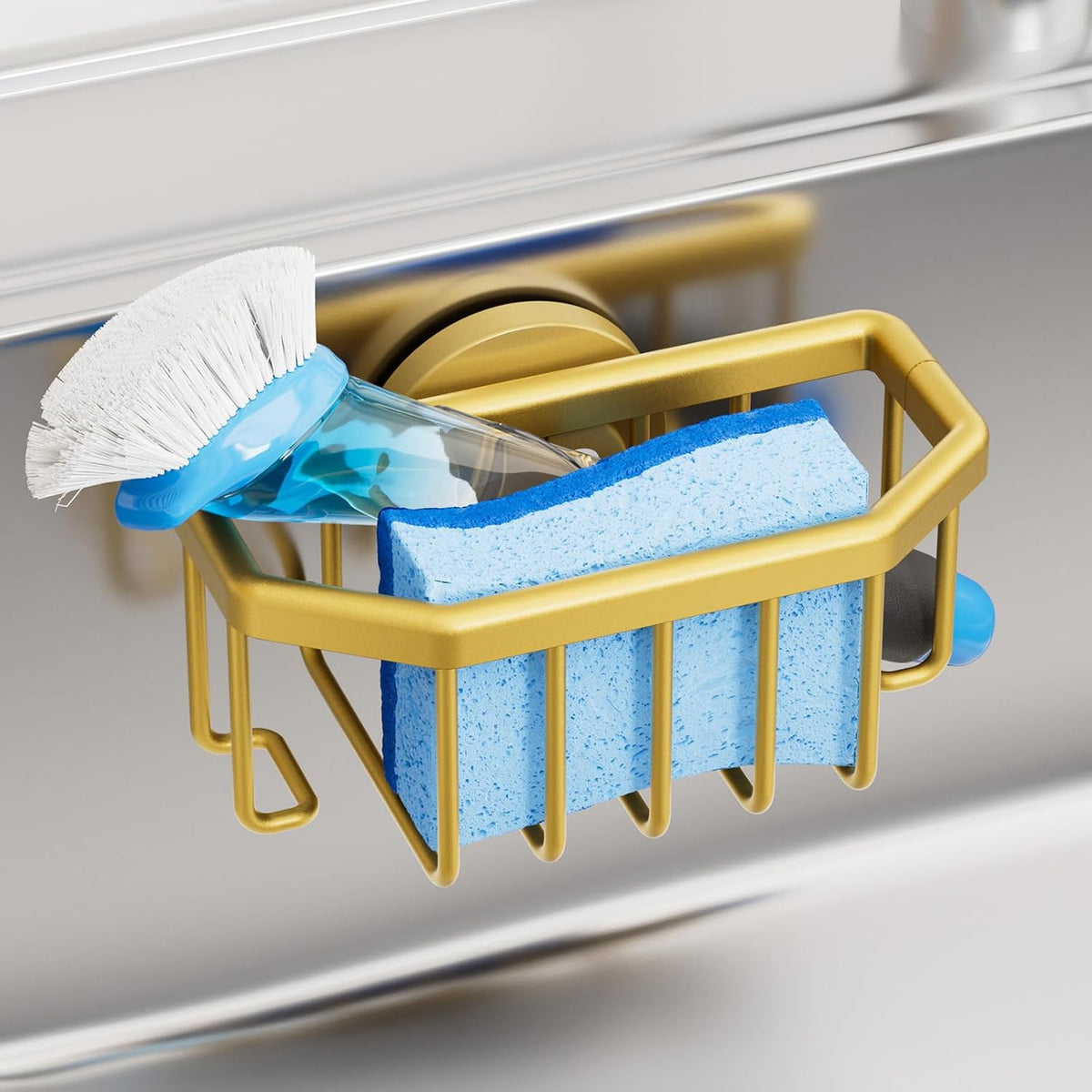 Sponge Holder for Kitchen Sink with Strong Suction Cup Removable, Rustproof Aluminum Sink Caddy for Sponge, Brush, Scrubber, Scraper -Silver