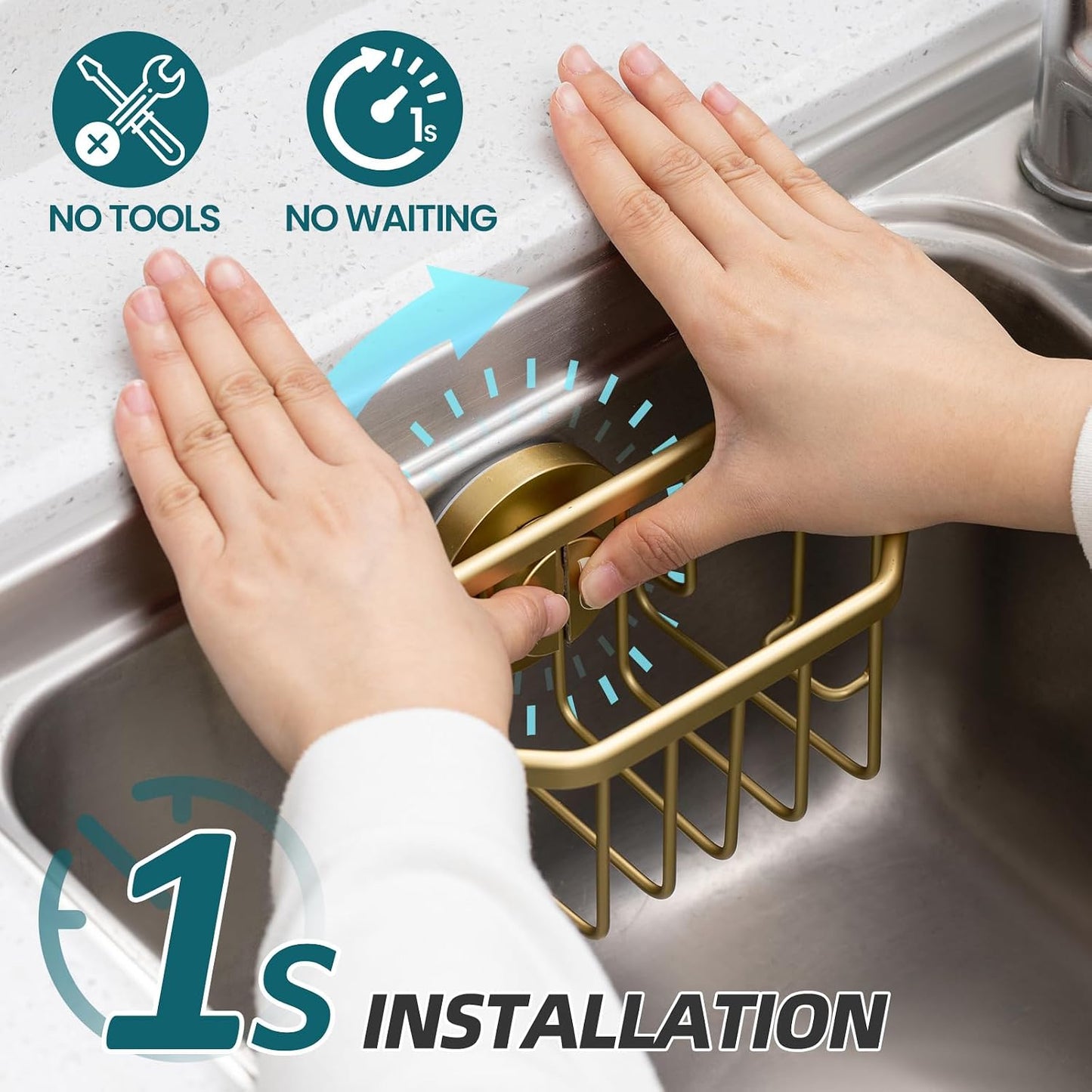 Sponge Holder for Kitchen Sink with Strong Suction Cup Removable, Rustproof Aluminum Sink Caddy for Sponge, Brush, Scrubber, Scraper -Silver