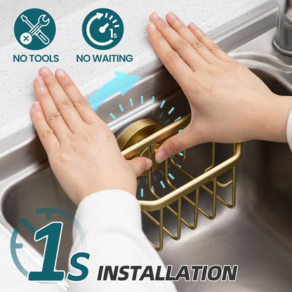 Sponge Holder for Kitchen Sink with Strong Suction Cup Removable, Rustproof Aluminum Sink Caddy for Sponge, Brush, Scrubber, Scraper -Silver