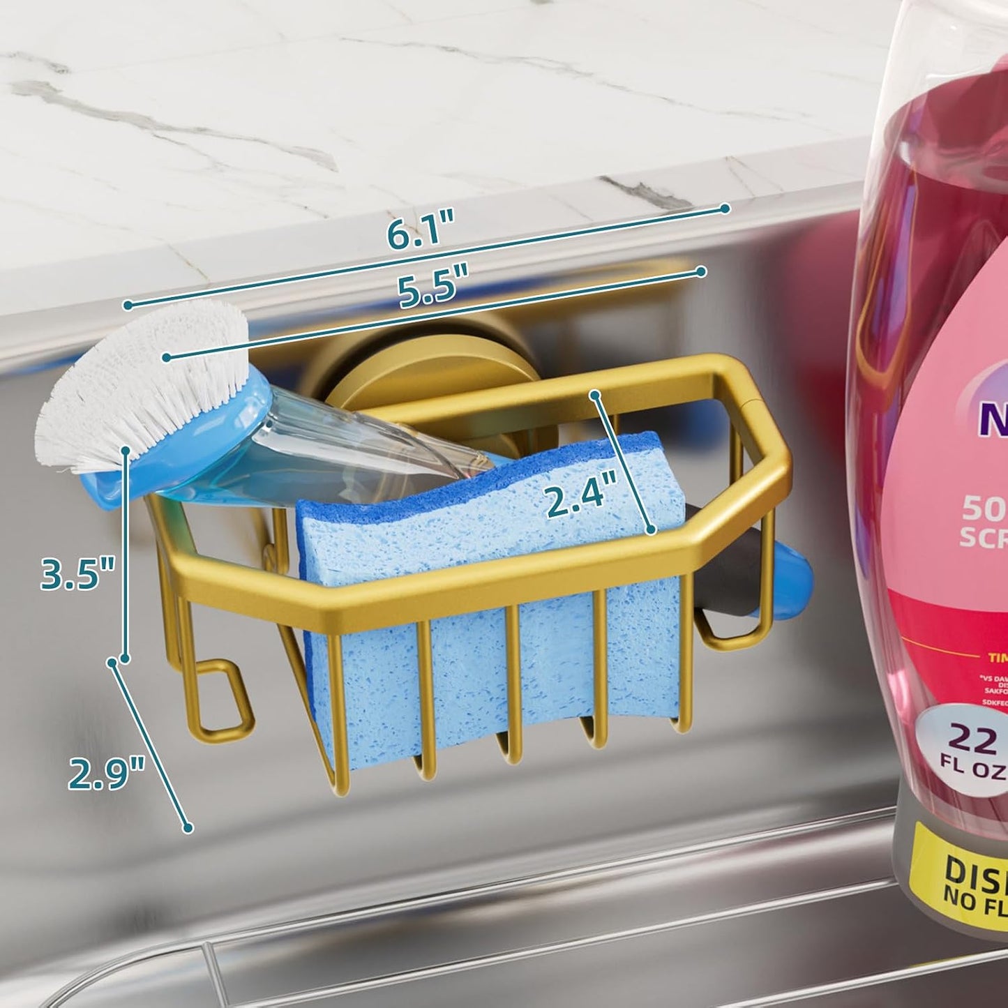 Sponge Holder for Kitchen Sink with Strong Suction Cup Removable, Rustproof Aluminum Sink Caddy for Sponge, Brush, Scrubber, Scraper -Silver