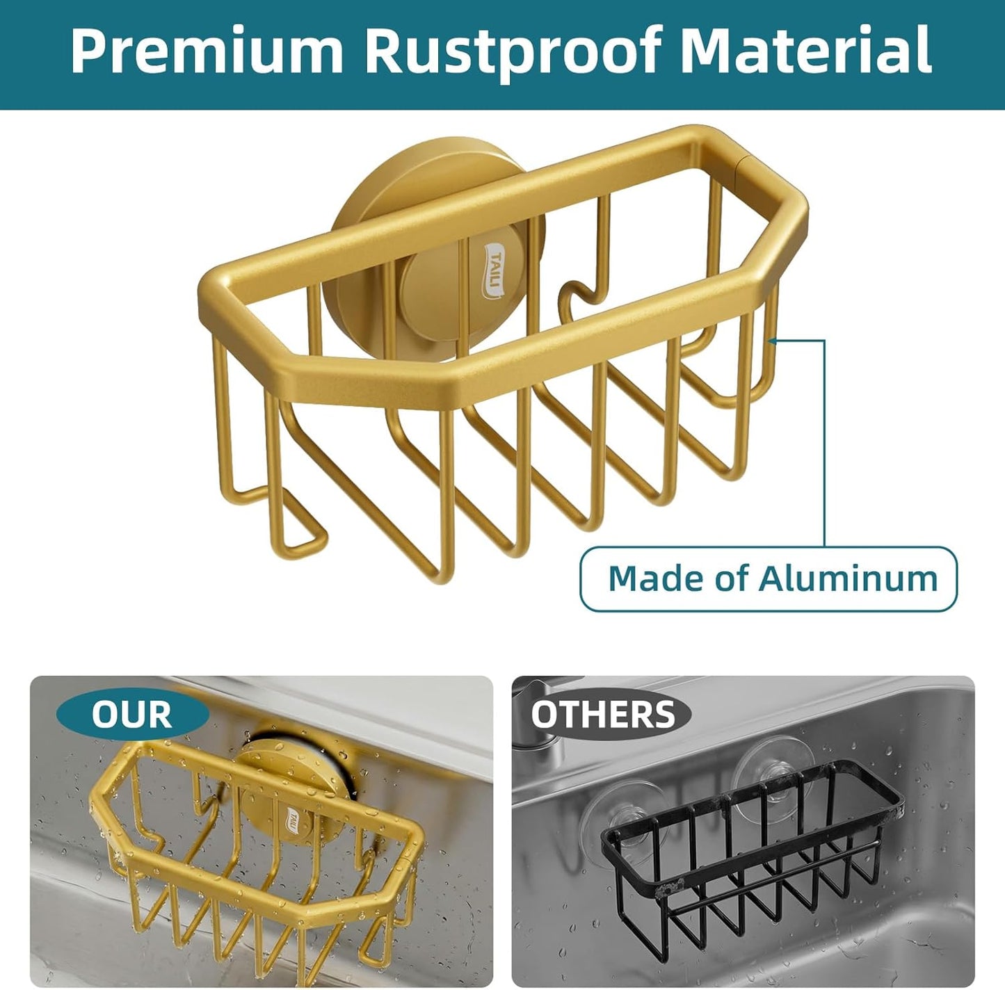 Sponge Holder for Kitchen Sink with Strong Suction Cup Removable, Rustproof Aluminum Sink Caddy for Sponge, Brush, Scrubber, Scraper -Silver