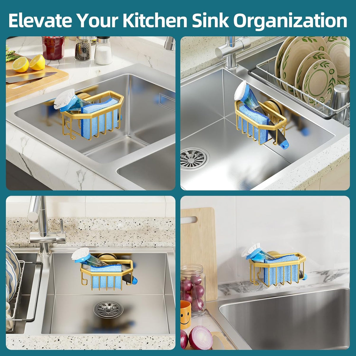 Sponge Holder for Kitchen Sink with Strong Suction Cup Removable, Rustproof Aluminum Sink Caddy for Sponge, Brush, Scrubber, Scraper -Silver