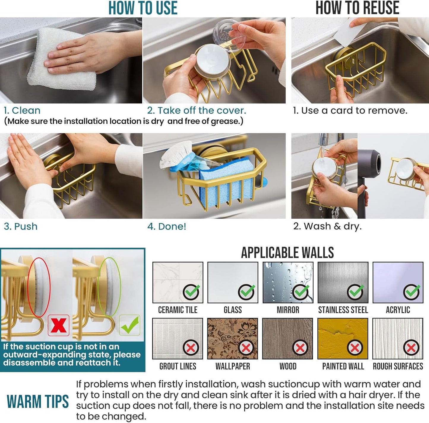 Sponge Holder for Kitchen Sink with Strong Suction Cup Removable, Rustproof Aluminum Sink Caddy for Sponge, Brush, Scrubber, Scraper -Silver