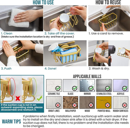 Sponge Holder for Kitchen Sink with Strong Suction Cup Removable, Rustproof Aluminum Sink Caddy for Sponge, Brush, Scrubber, Scraper -Silver