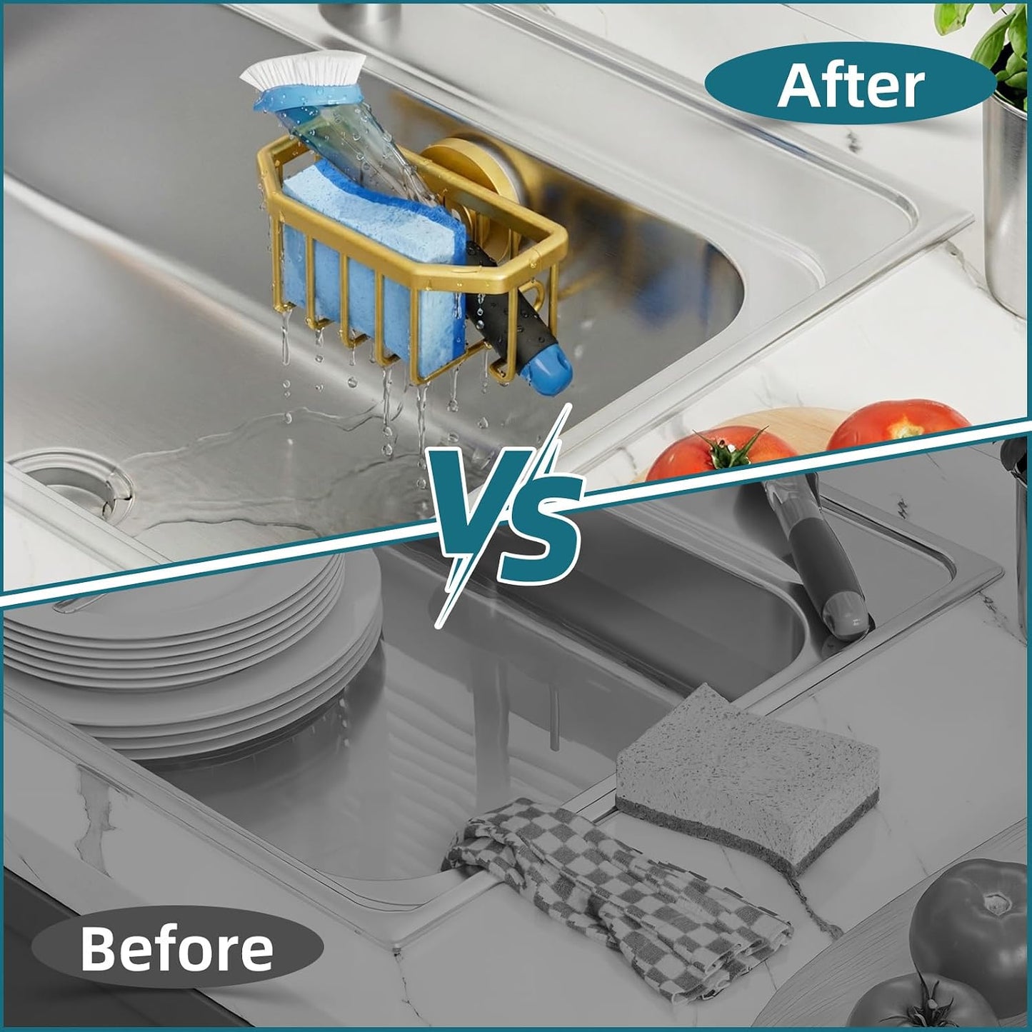 Sponge Holder for Kitchen Sink with Strong Suction Cup Removable, Rustproof Aluminum Sink Caddy for Sponge, Brush, Scrubber, Scraper -Silver